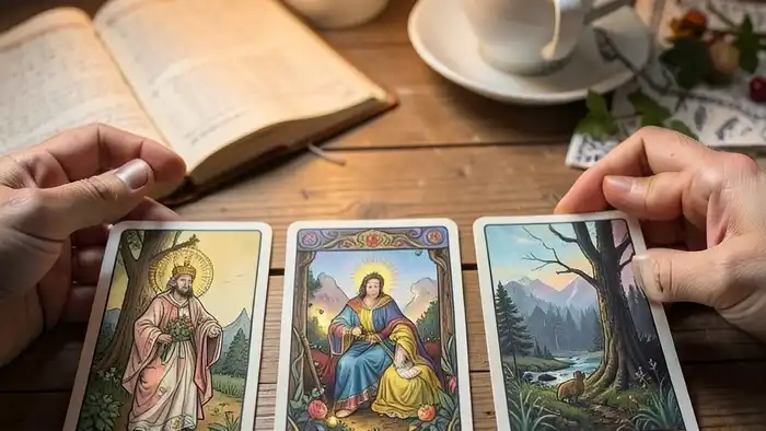 бесплатный расклад Таро: три карты на деревянном столе, свеча и дневник