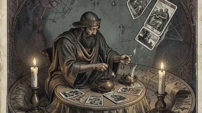 история раскладов Таро — алхимик использует карты в ритуале, XVI век
