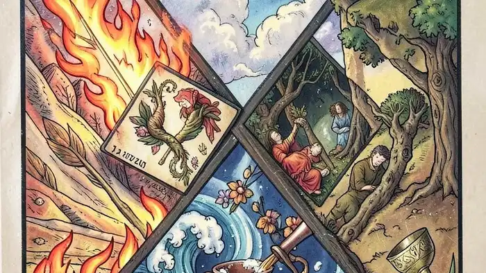 Расклад Таро "четыре стихии" на фриланс: схема позиций Огонь, Вода, Воздух, Земля с картами