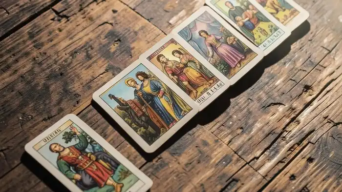 Расклад Таро "домино" на таланты — схема из семи карт, выложенных диагонально, как цепь костяшек