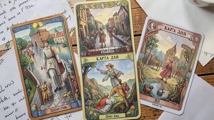 Расклад Таро "карта дня" на карьеру за границей — пять карт с символами, расложенные на столе для интерпретации