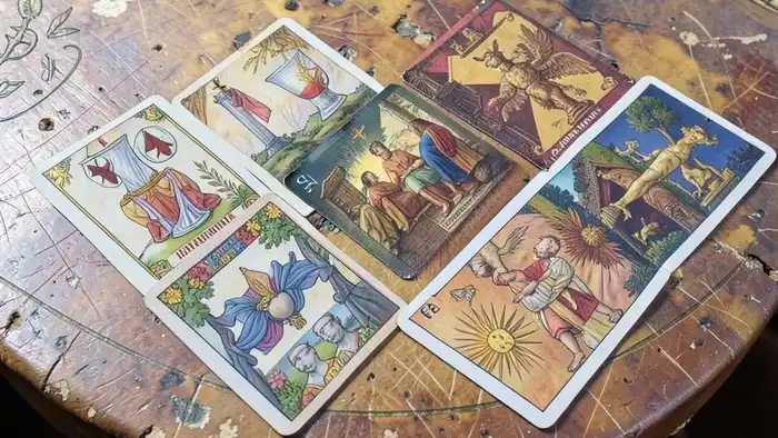 Расклад Таро "ключ" карта дня — пять карт с позициями: текущая энергия, скрытая угроза, скрытая возможность, действие дня, итоговый ключ