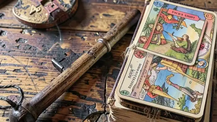Расклад Таро "ключ" на антиквариат: схема позиций с картами на старинном столе