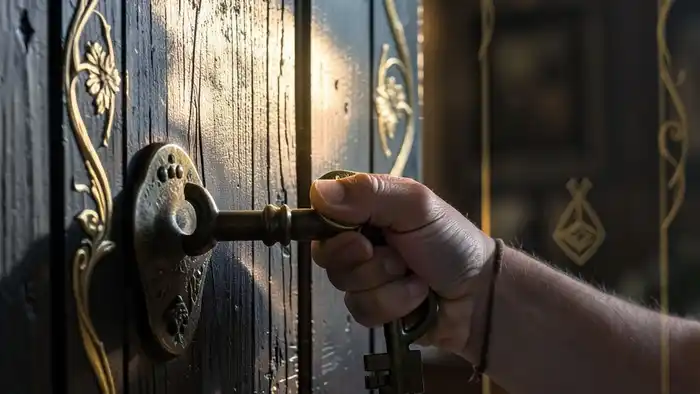 Расклад Таро "ключ" на финансовый рост — медный ключ и закрытая дверь, символизирующая внутренние блоки и скрытые возможности