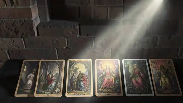 Расклад Таро "корона" да или нет — схема из семи карт, каждая освещена отдельно, символизируя уровни осознания