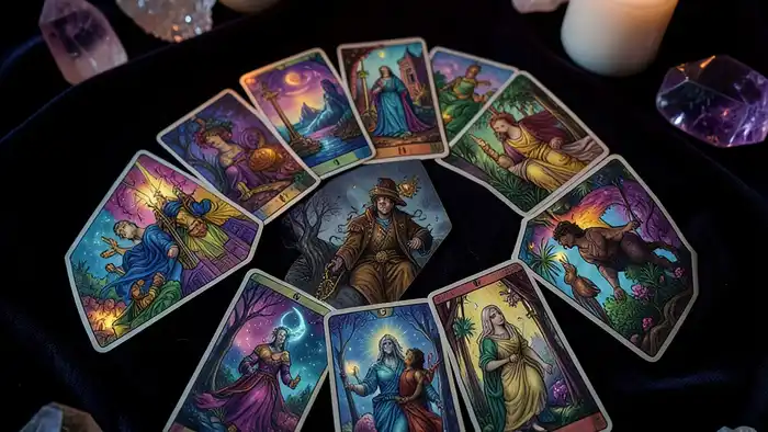 Расклад Таро "крест" на наследственные проблемы — схема позиций с картами Отшельник, Дьявол, Властелин, Повешенный