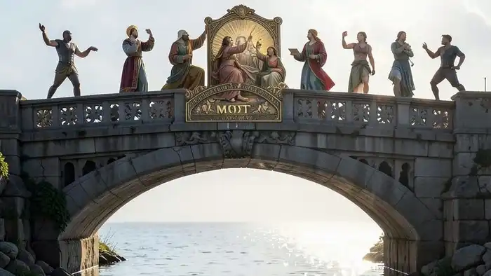 Расклад Таро "мост" на семейный бизнес — схема позиций с семью фигурами, символизирующими основателя, поколение-посредник, структуру управления, цель, наследника, невысказанные чувства и внешние влияния