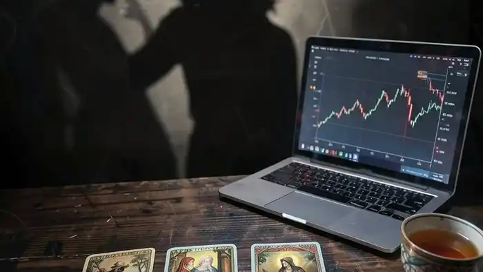 Расклад Таро на 5 карт на криптовалюту с графиком биткоина и чашкой чая