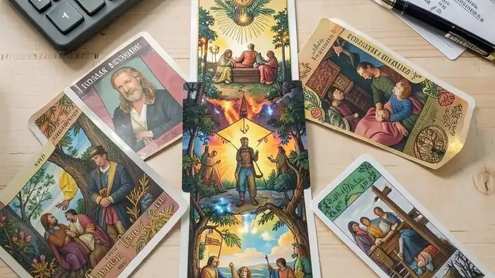 Расклад Таро "послание Вселенной" на налоги с семью картами и символами финансовой ответственности