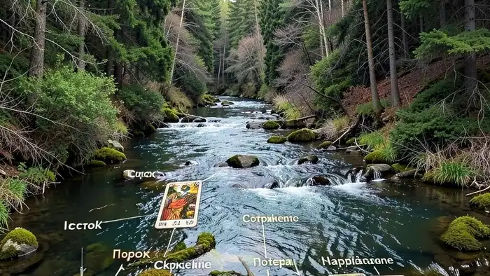 Расклад Таро "река жизни" на друга — схема из 10 позиций, визуализированная как река с символами карт