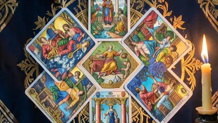 Расклад Таро "ромб" на успех проекта с семью картами Уэйта-Смита в форме ромба