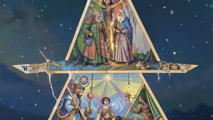 Расклад Таро "звезда Давида" на новые отношения: шесть карт, расположенных в виде пересекающихся треугольников, символизирующих баланс между душой и телом, мужчиной и женщиной, светом и тенью