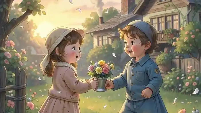 Шестерка Кубков на любовь таро — дети дарят кубки в уютном саду, символизируя ностальгическую и чистую любовь