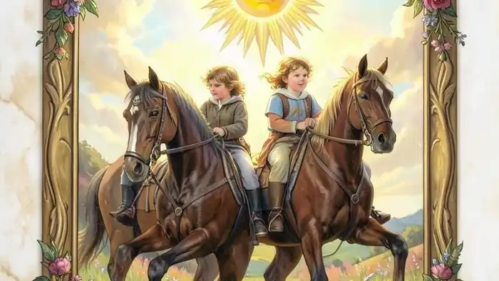 Солнце таро на любовь — карта с двумя детьми на конях под ярким солнцем, символизирующая безусловную радость и принятие в отношениях